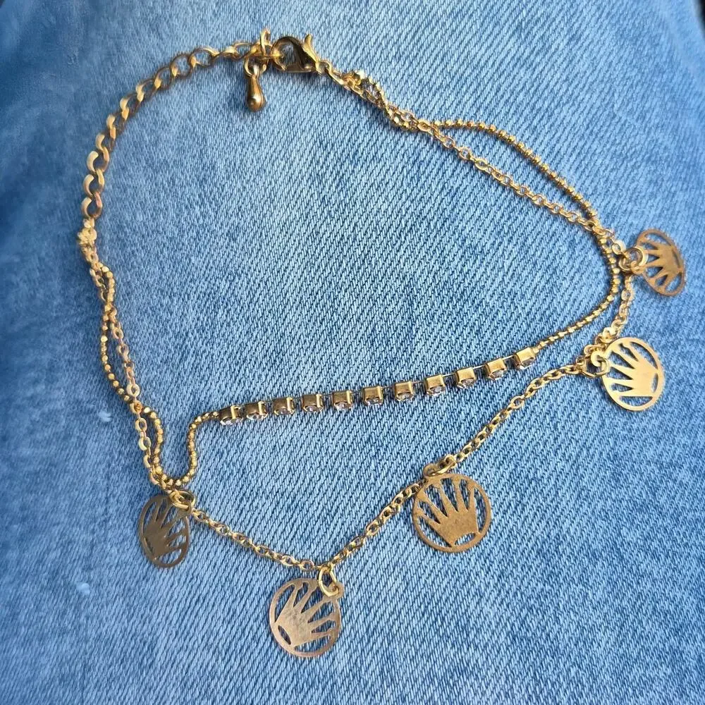 Gold Charm Layered Rhinestone Bracelet Five‎ Point Crown Charms Rolex Style